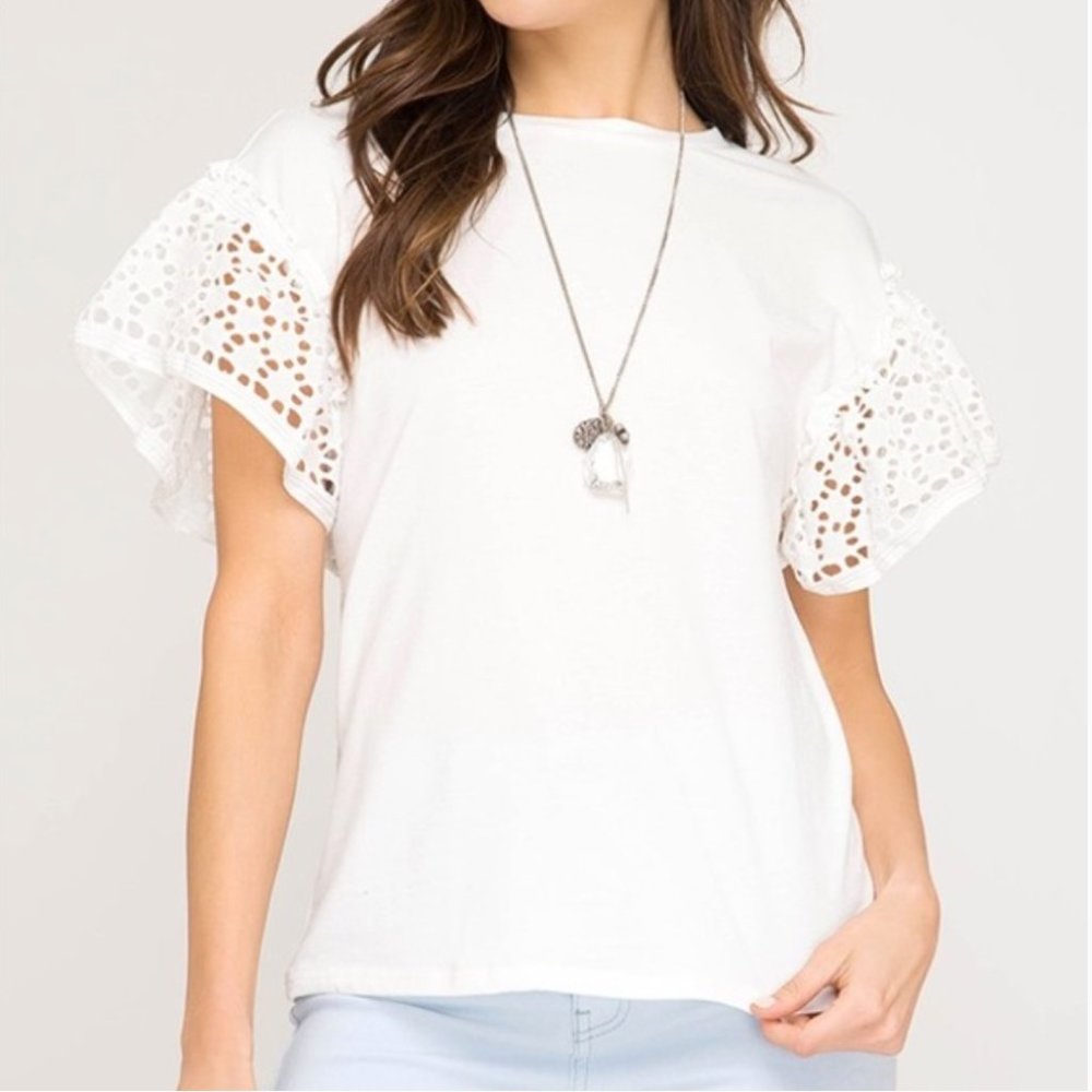 SHE + SKY Elevated White Tee w/Lace Sleeves